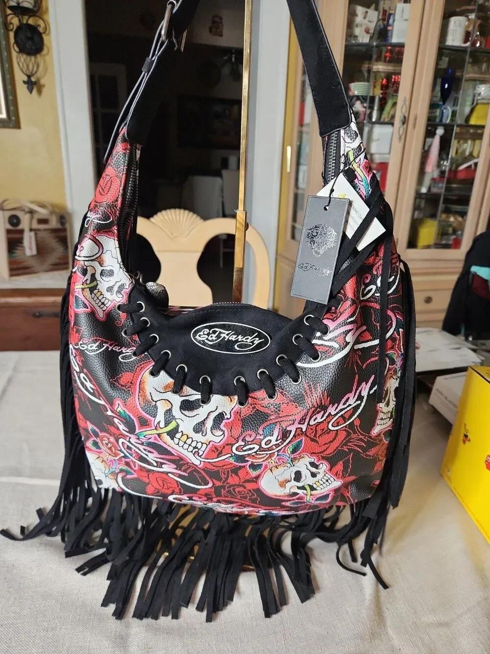 NWT Ed Hardy Fringed Hobo Shoulder Bag - Skulls & Roses - Red